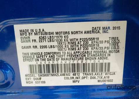 2015 Mitsubishi Outlander Sport Es z USA, uszkodzony, nr VIN 4A4AR3AW2FE027641